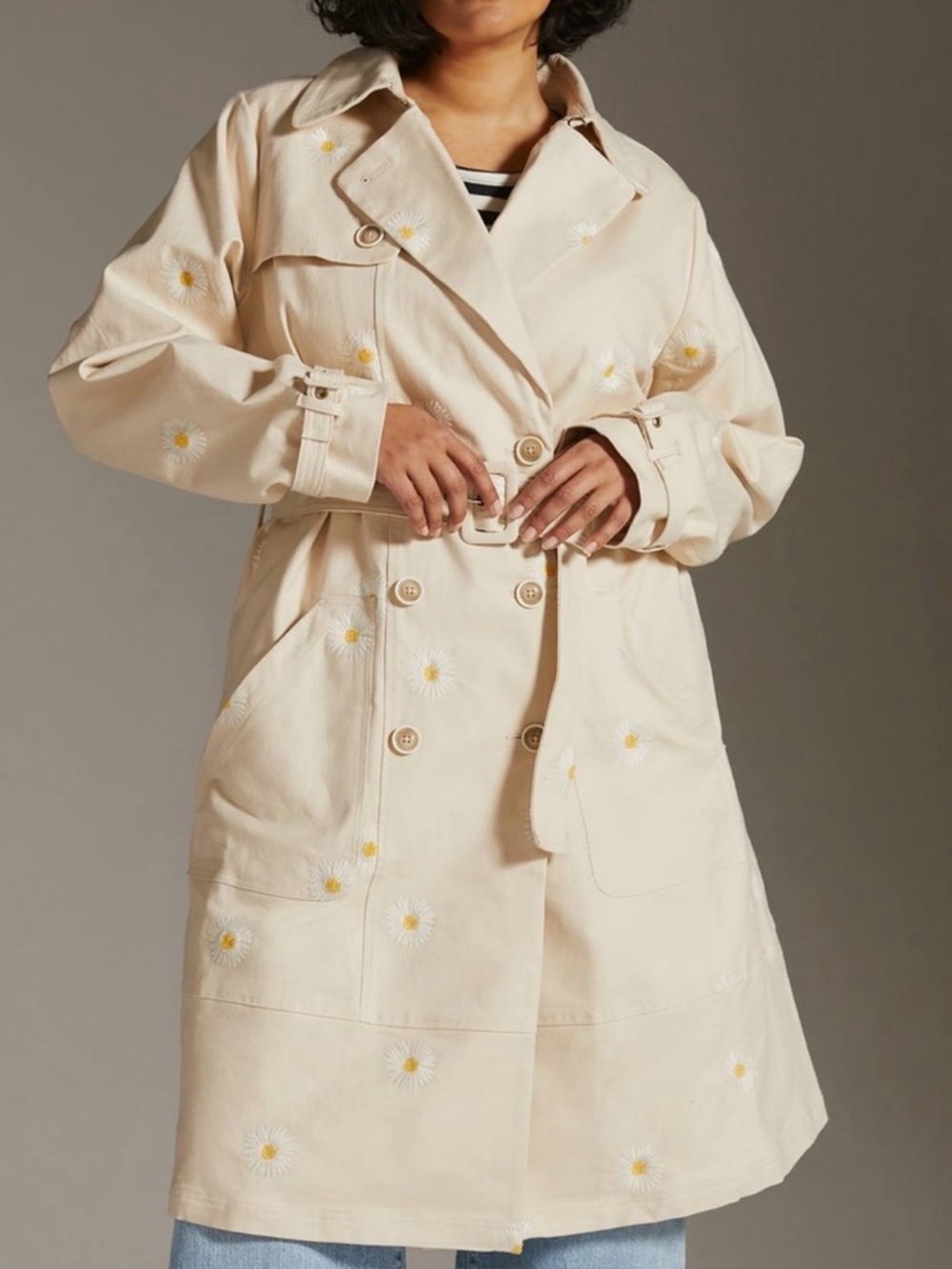 Anthropologie Maeve Daisy Floral Yellow Trench Rain Coat